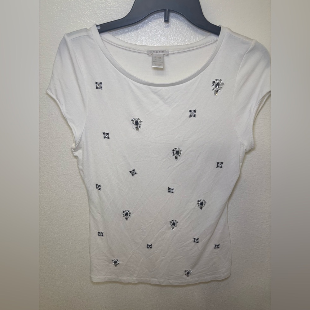 Cache White Short Sleeve Top with Embellishments